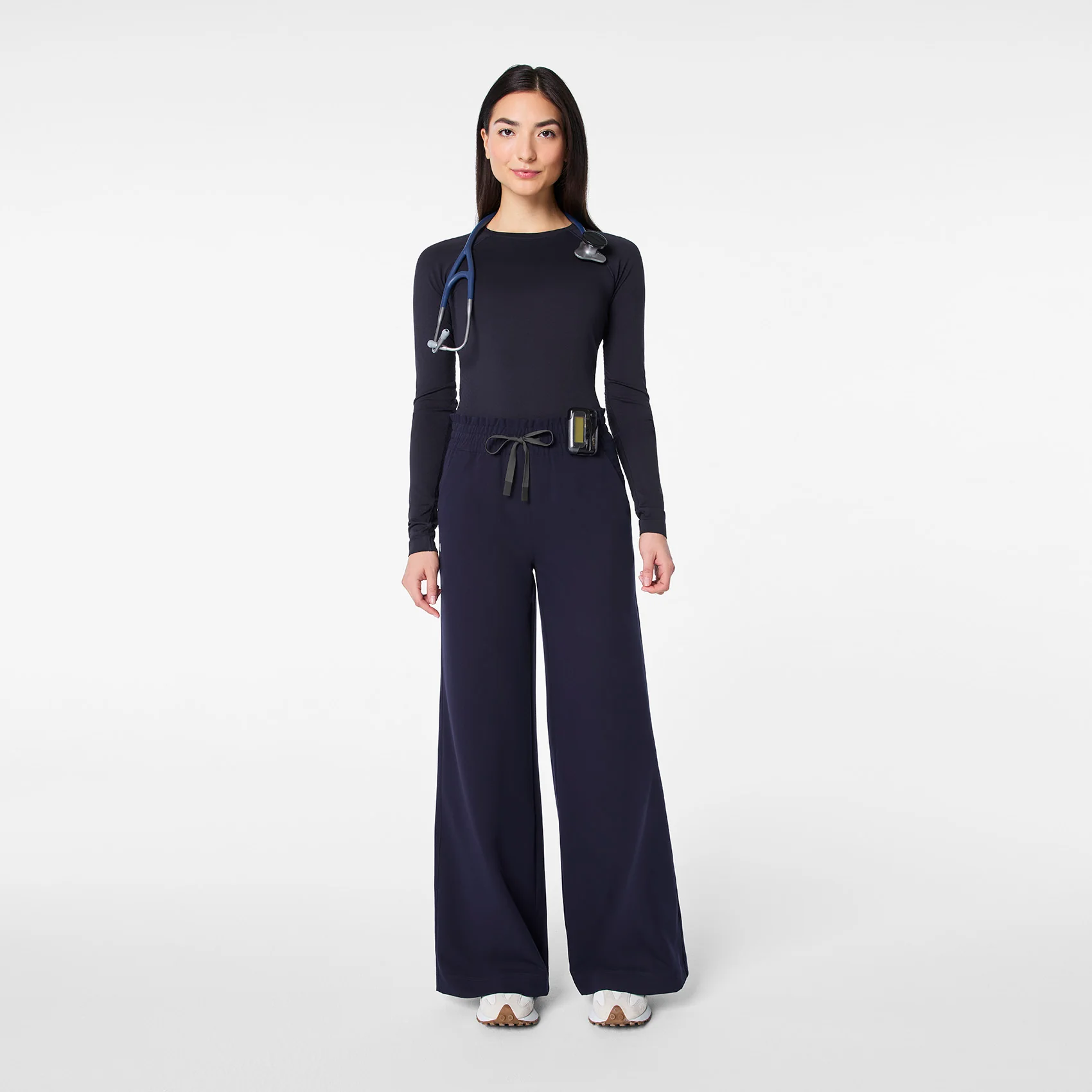women's Navy High Waisted Allison Ultra Wide Leg - Scrub Pant - Image 2